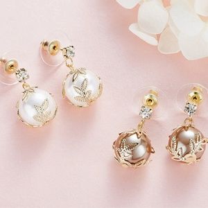 Gold Plated Leaves with Faux Pearl Dangle Earrings